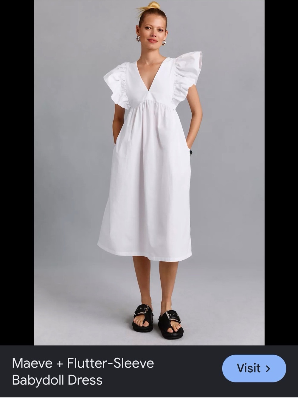 Maeve White Flutter-Sleeve Midi Babydoll Dress